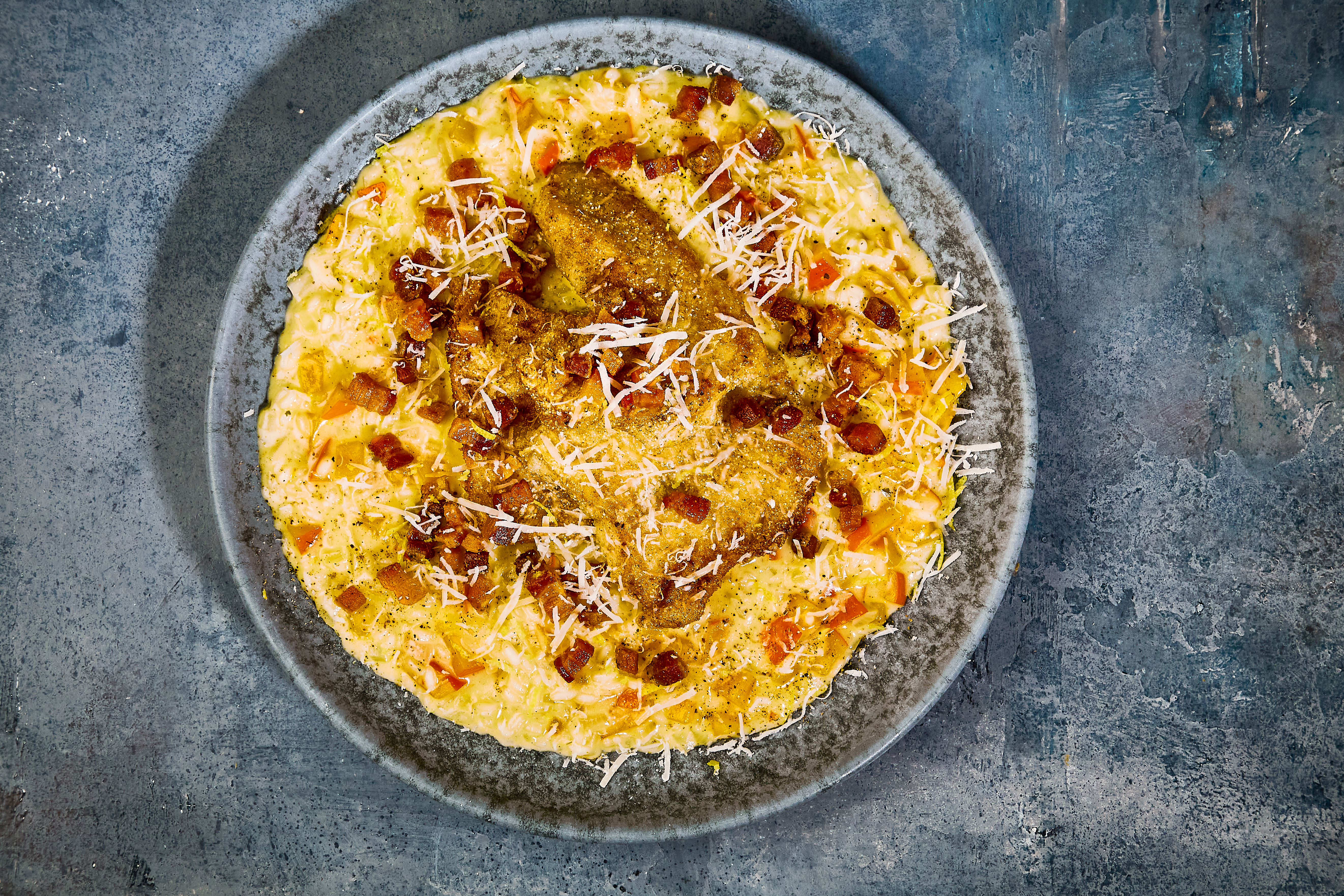 Stegt mørksej med butternut-risotto med sprød bacon