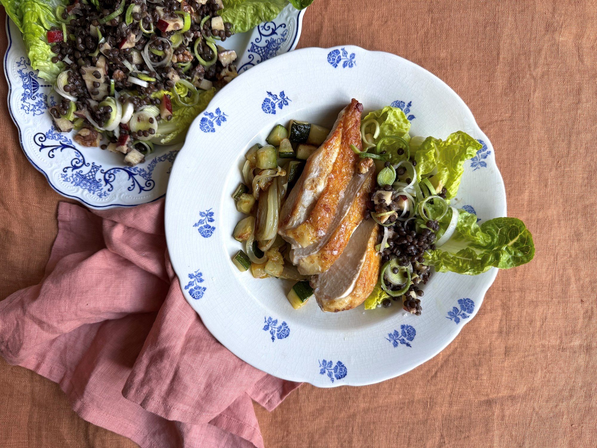 Kyllingebryst med sprødt skind, lune løg og squash og linsesalat