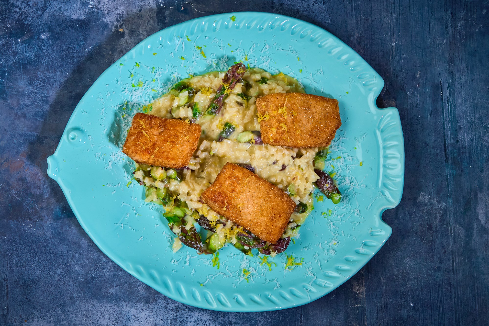Kuller med risotto på grønne asparges og parmesan