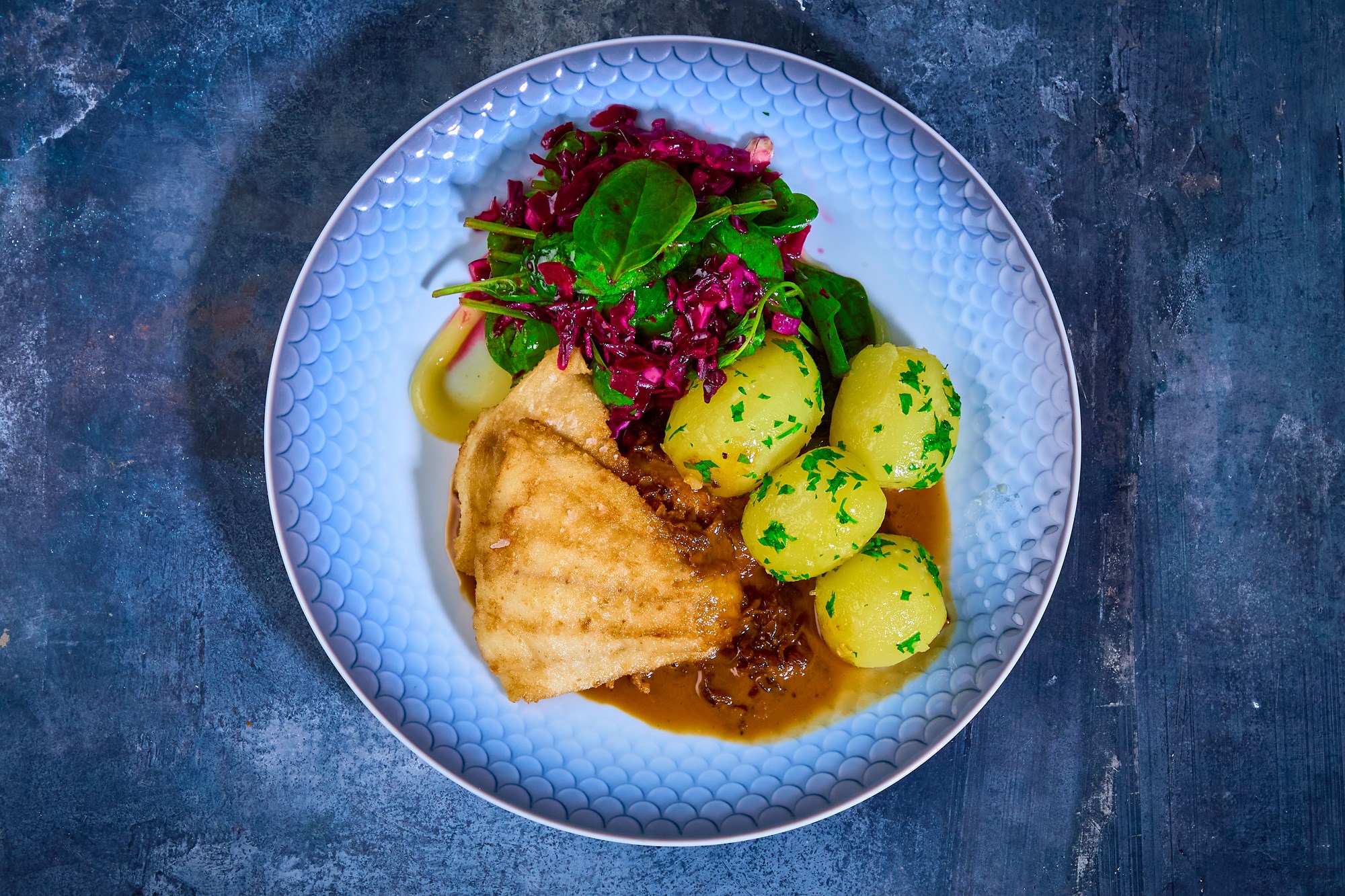 Stegt havkat med morkelsauce med salat af spinat og spidskål samt citronconfit
