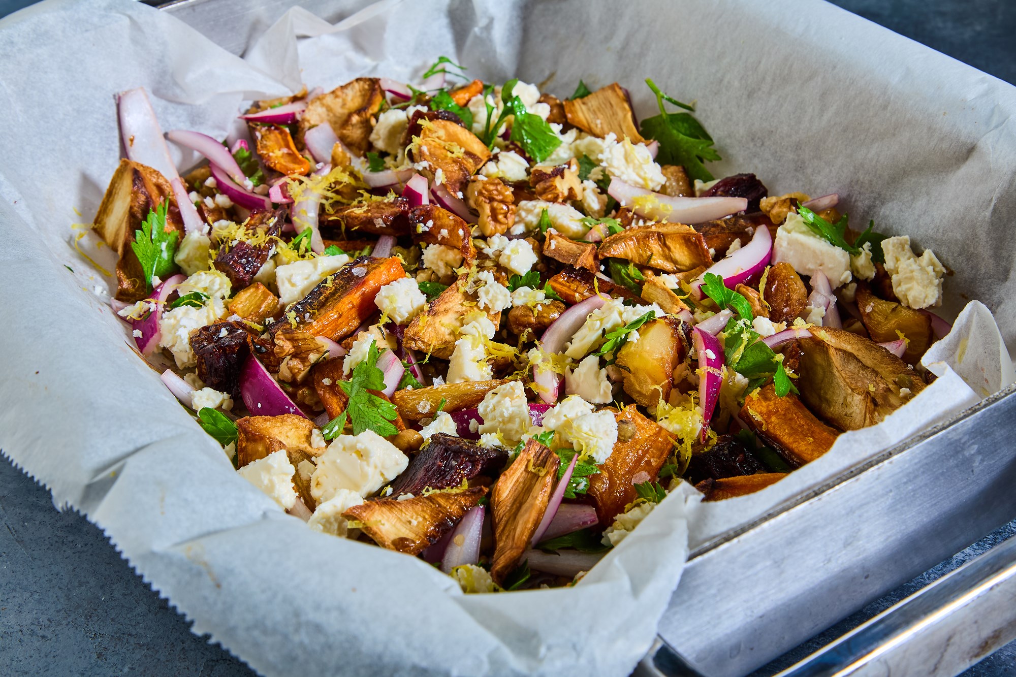 Ras el Hanout bagte beder, gulerødder og grønne linser med Kota