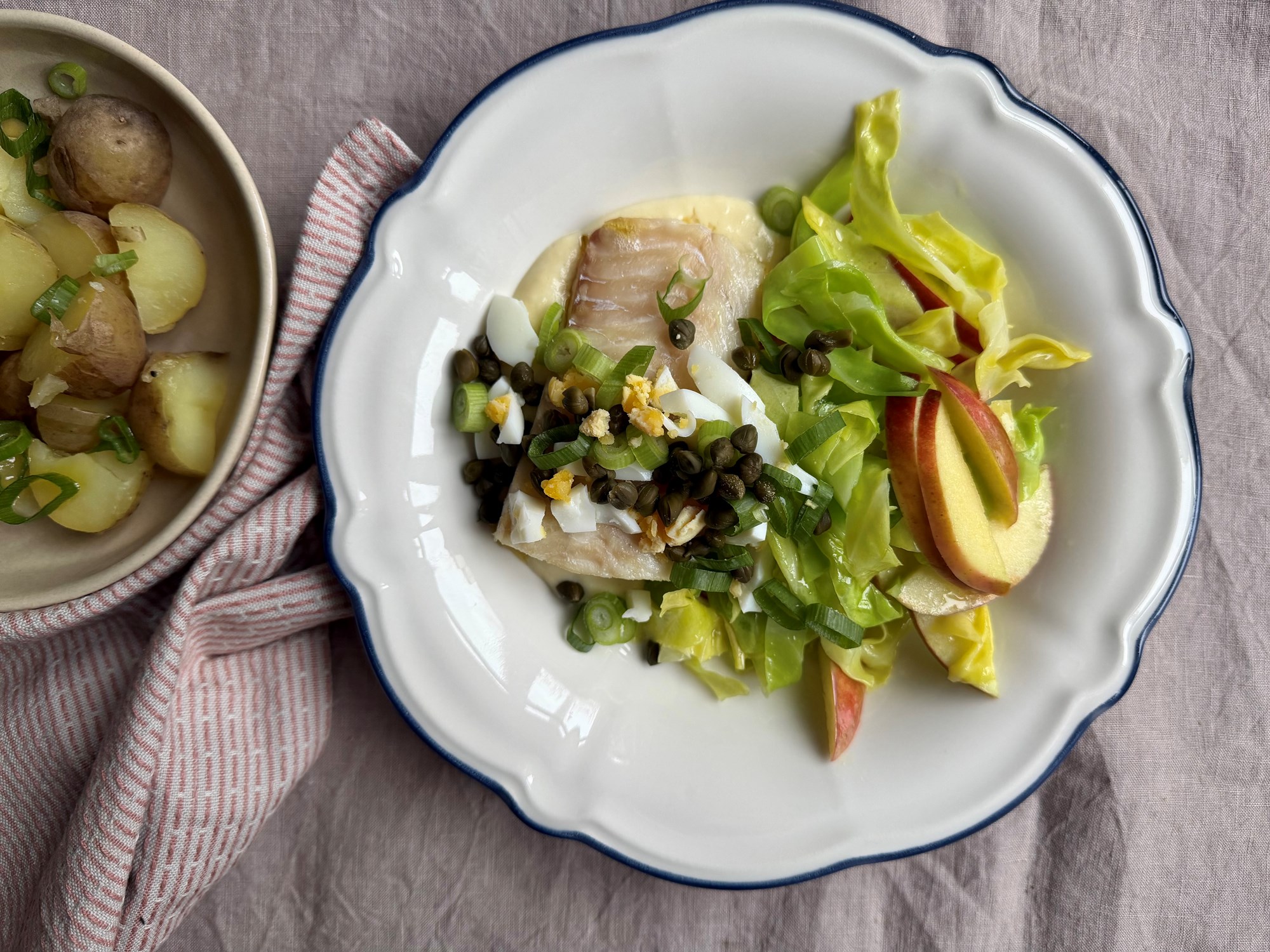 Bagt kuller med lun spidskål, kapers, æg og sennepssauce