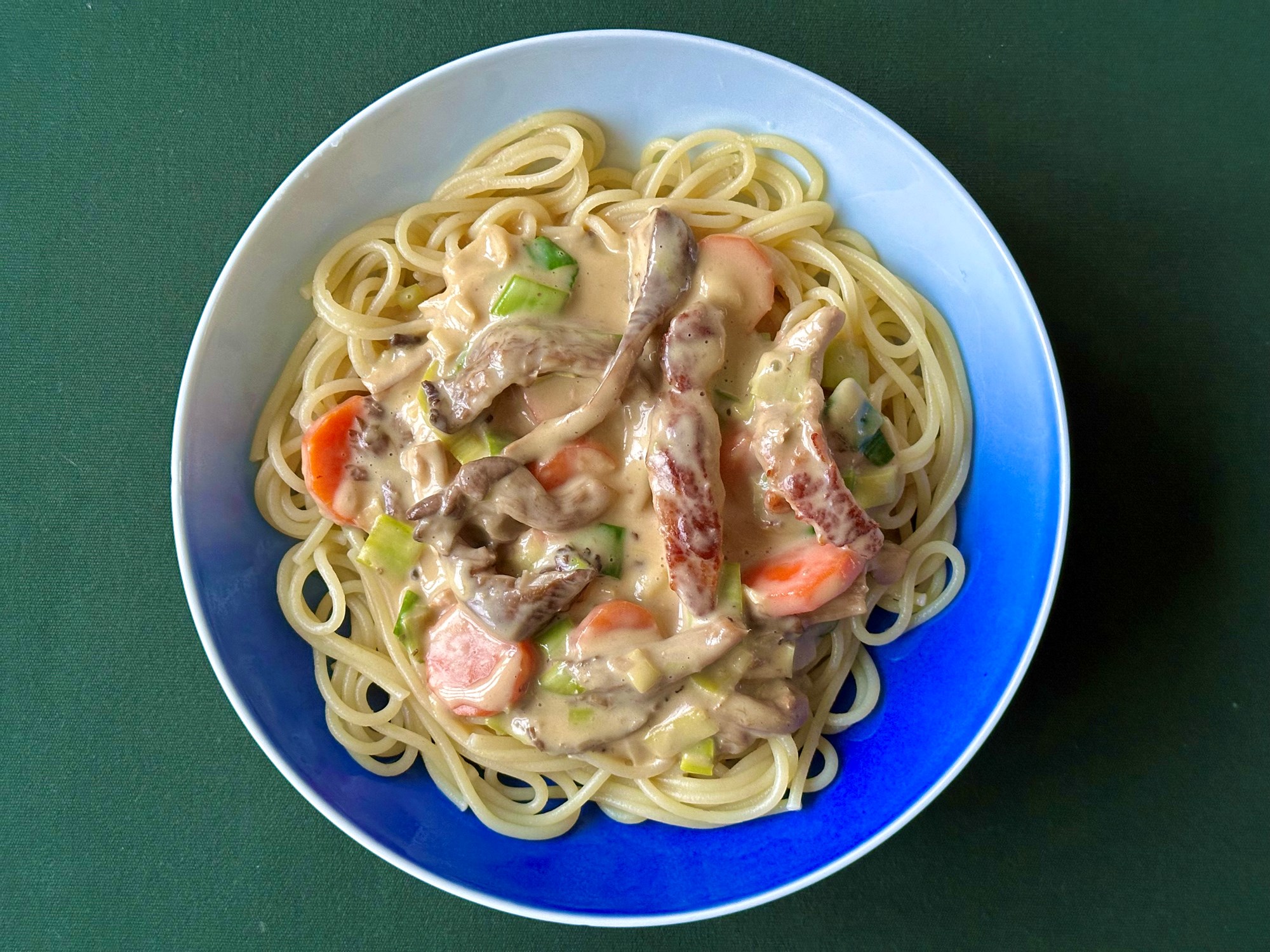 Pasta spaghetti i flødesovs med stegt gris og østershatte