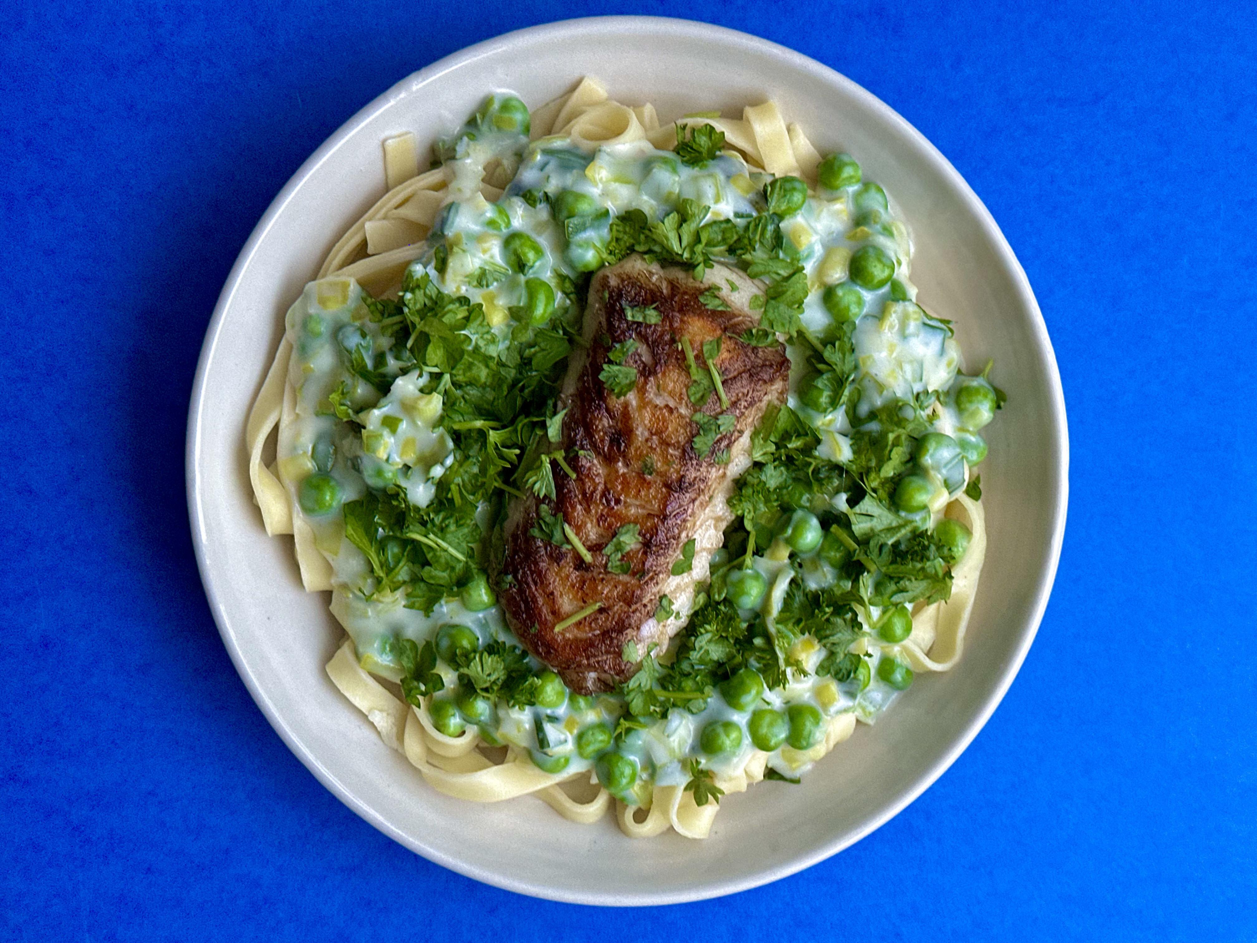 Stegt kulmule/hvilling med pasta alfredo og persille