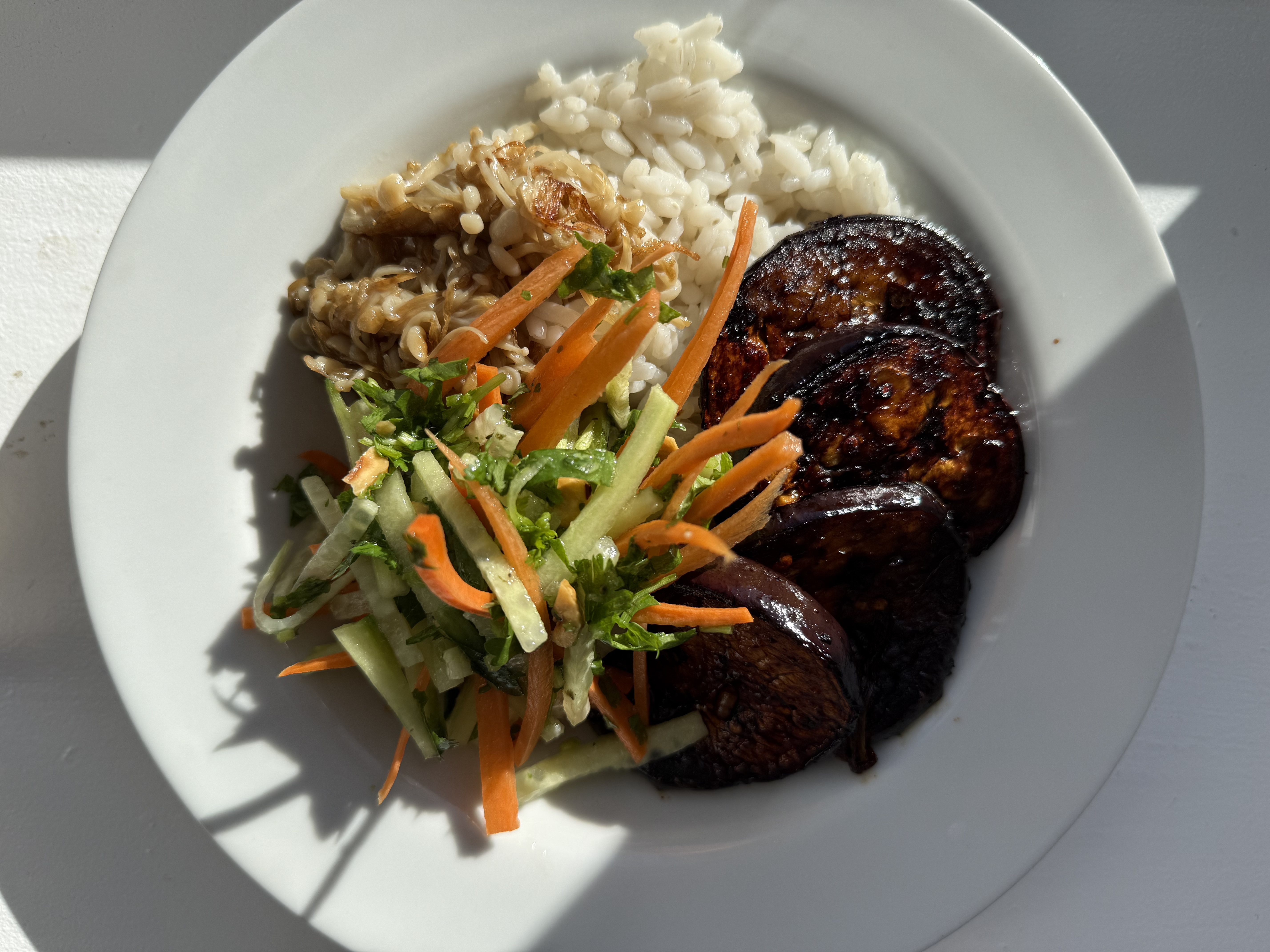 marineret aubergine med ris, spicy agurkesalat- og gulerodssalat
