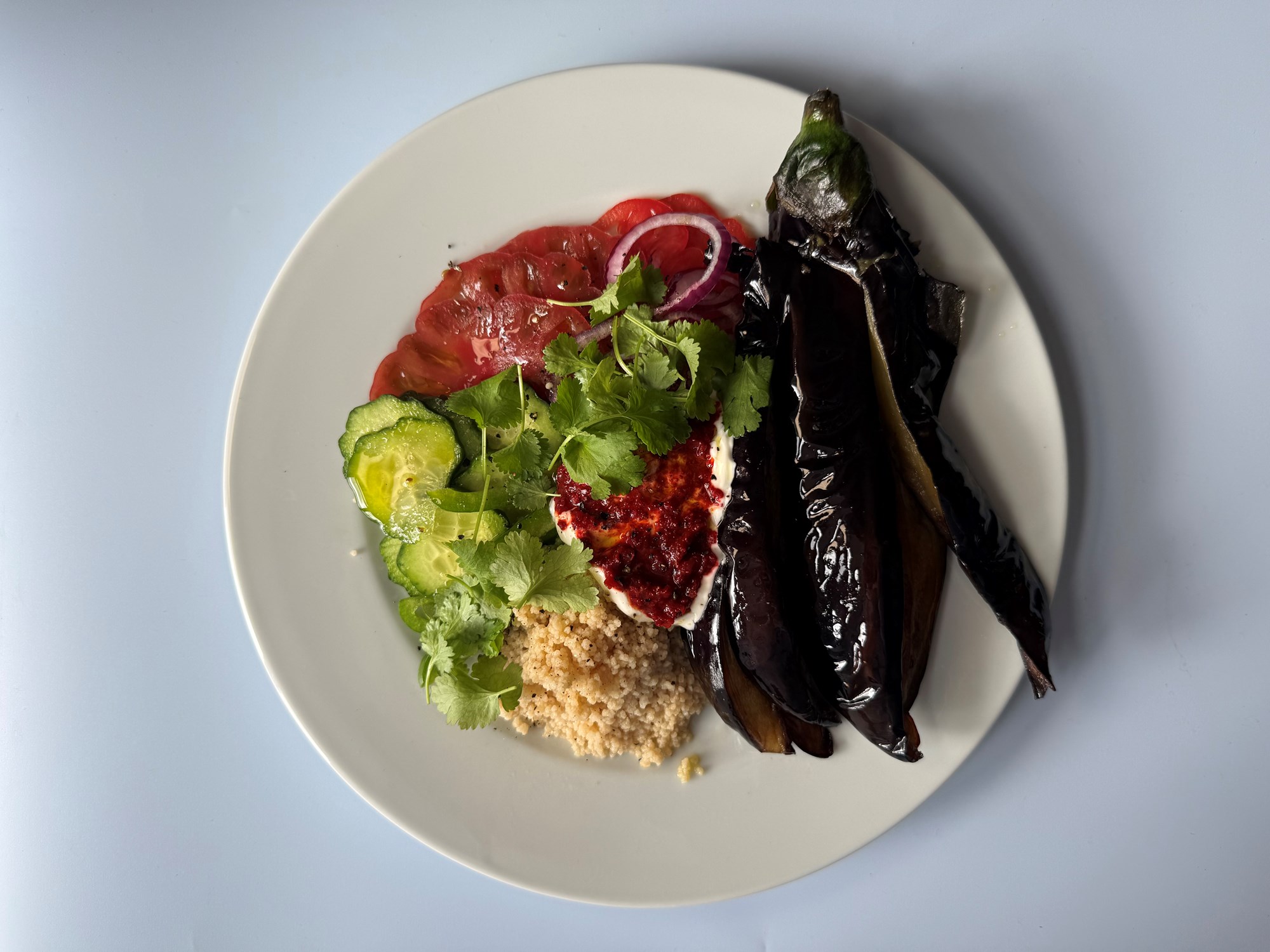 Stegt aubergine med yoghurt, harissa og grønt