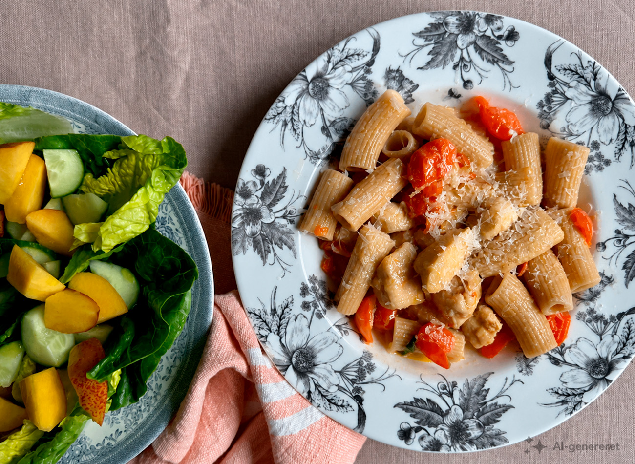 Pasta med kylling, parmesan og salat