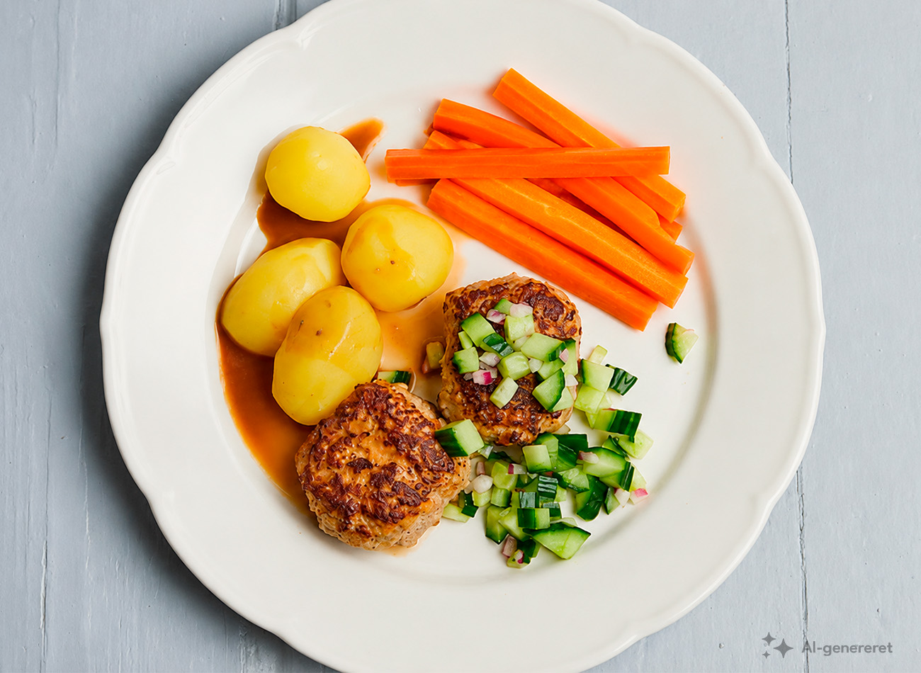 HEAT Skagenfood frikadeller med forkogte kartofler og syltede agurker