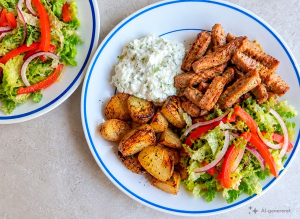 Gris i strimler med tzatziki, stegte kartofler og salat