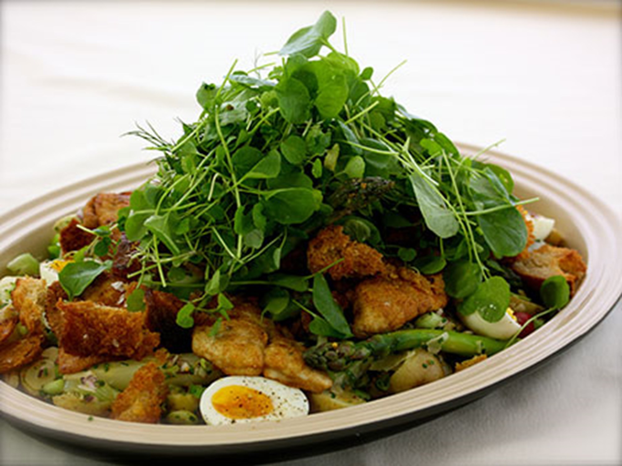 Stegt rødspættefilet med lun salat af asparges, kartofler og brøndkarse