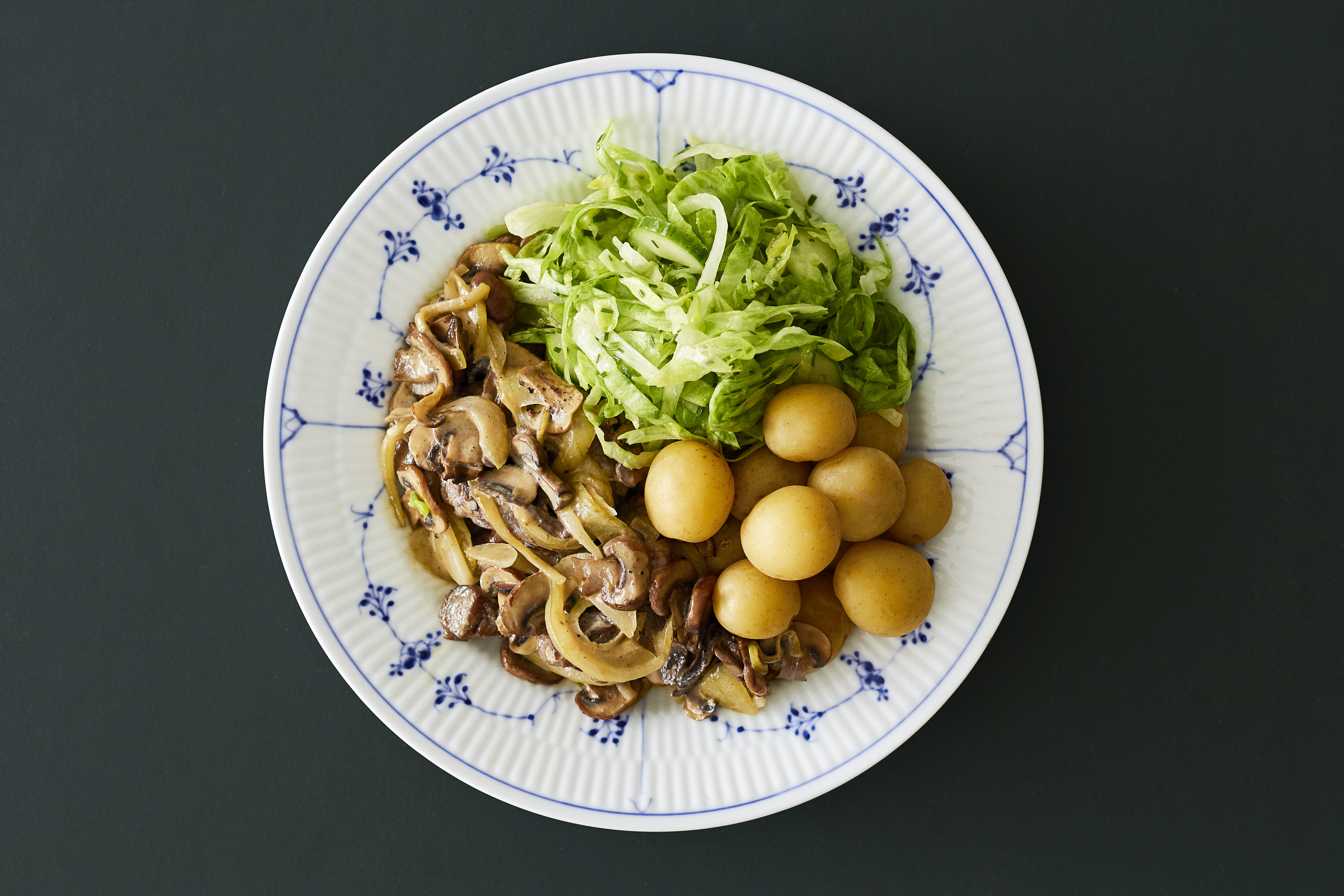 Andebryst i svampesauce og grøn salat