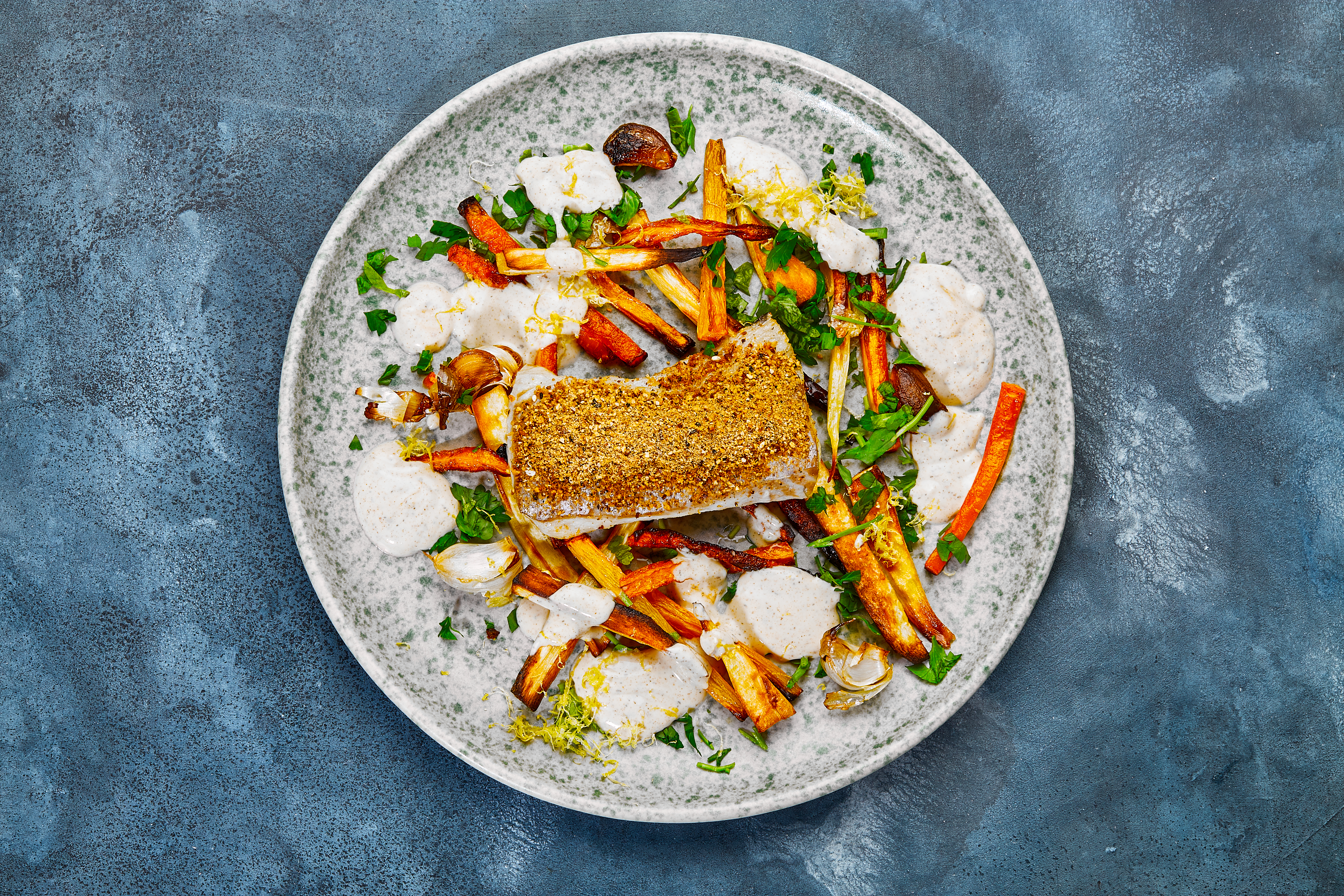 ELITE Team DK Dukkahbagt lyssej/havkat/kullerfilet med ovnbagte rodfrugter og yoghurt...