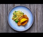 Friteret rødspættefilet med fregola sarda, broccoli og Bavnehøj
