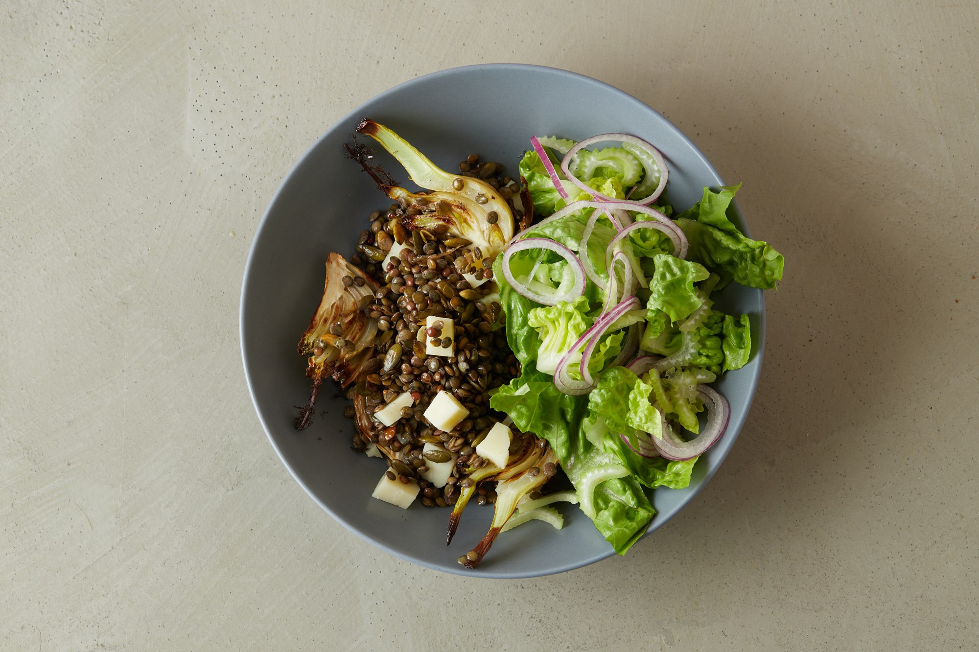 Grov salat med bagt fennikel, linser og Hærvejsost