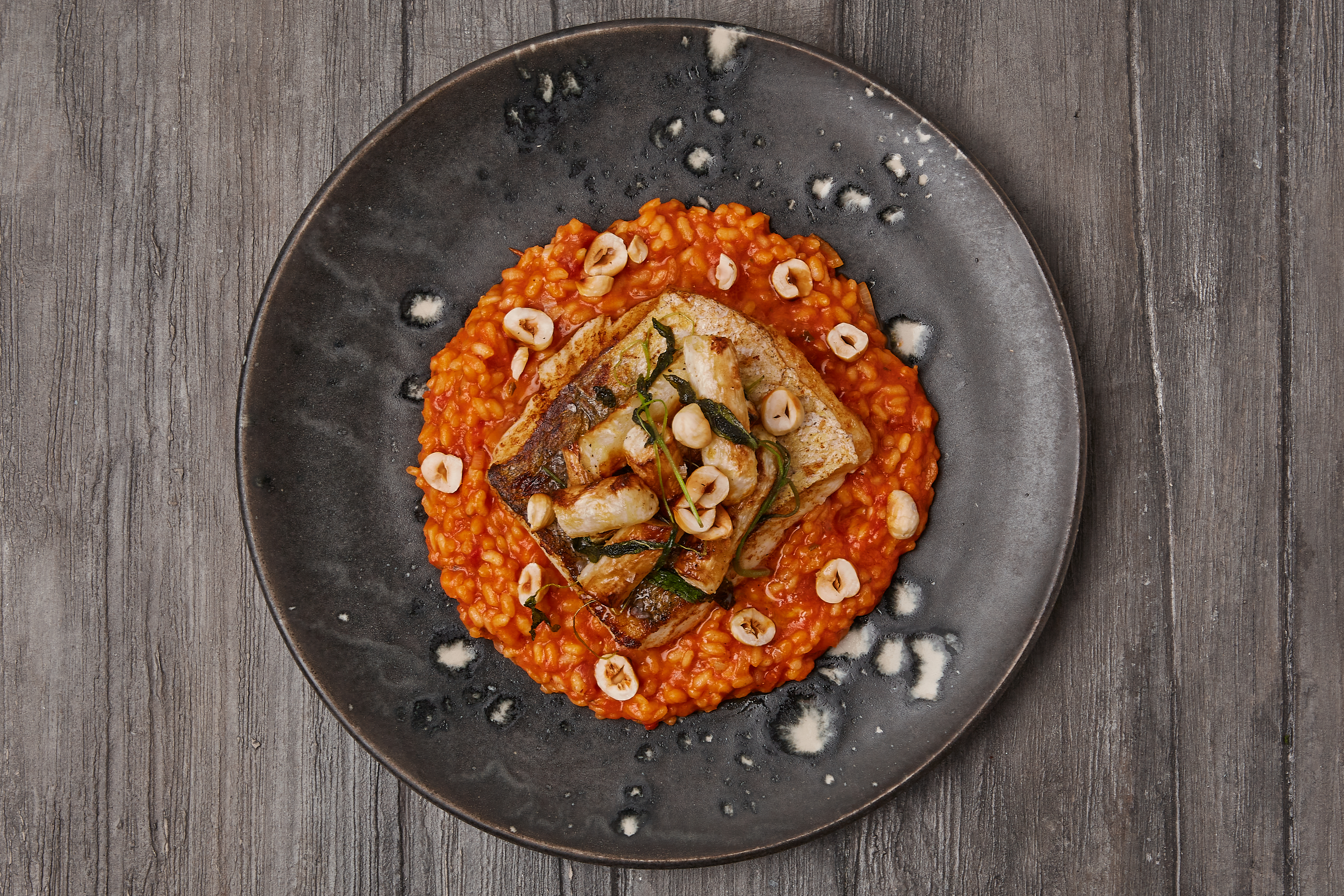 Skindstegt kuller med tomatrisotto og salvie-stegte skorzonerrødder