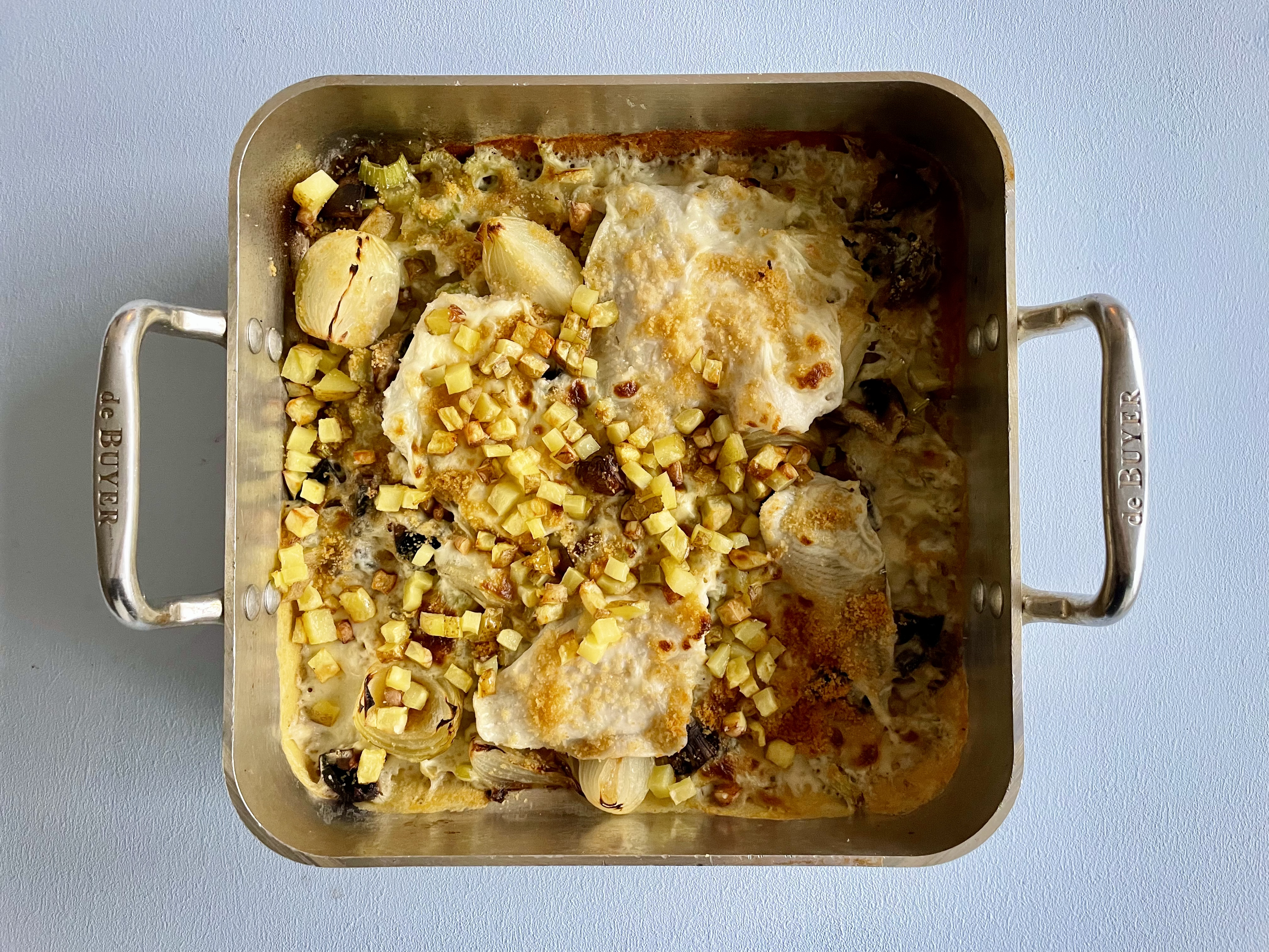 Bechamelbagt rødspætte/skærising med citron og portobello